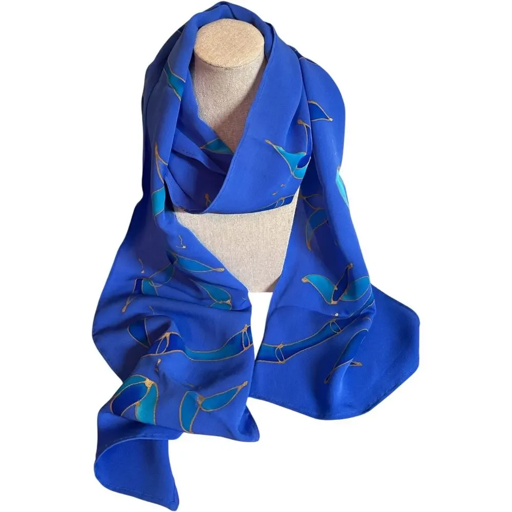 Hand Painted Silk Scarf Blue Gold Butterfly Bamboo Sash Wrap 66 x 10